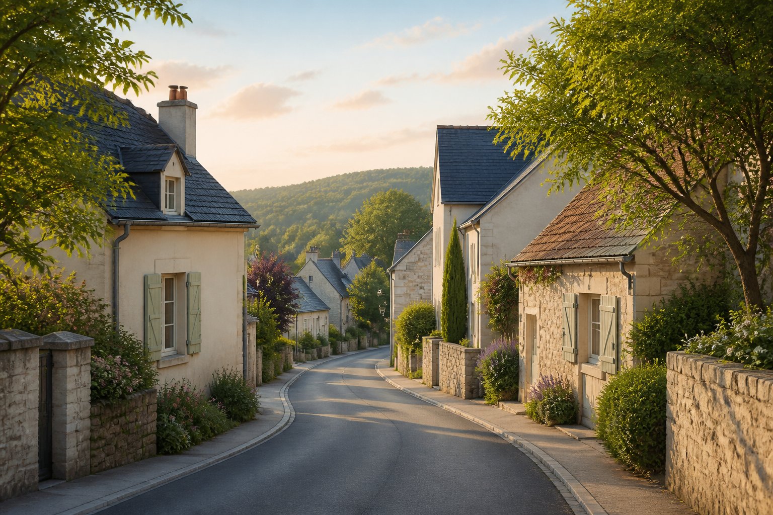 Parte modesta e tranquila de uma vila ou cidade com casas simples e vegetação ao redor.