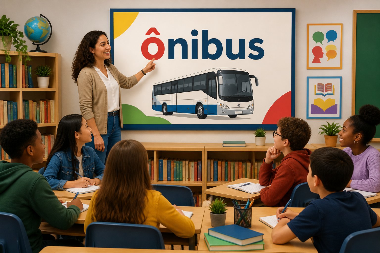 Sala de aula com professor explicando o uso do acento na palavra 'ônibus' para estudantes atentos.
