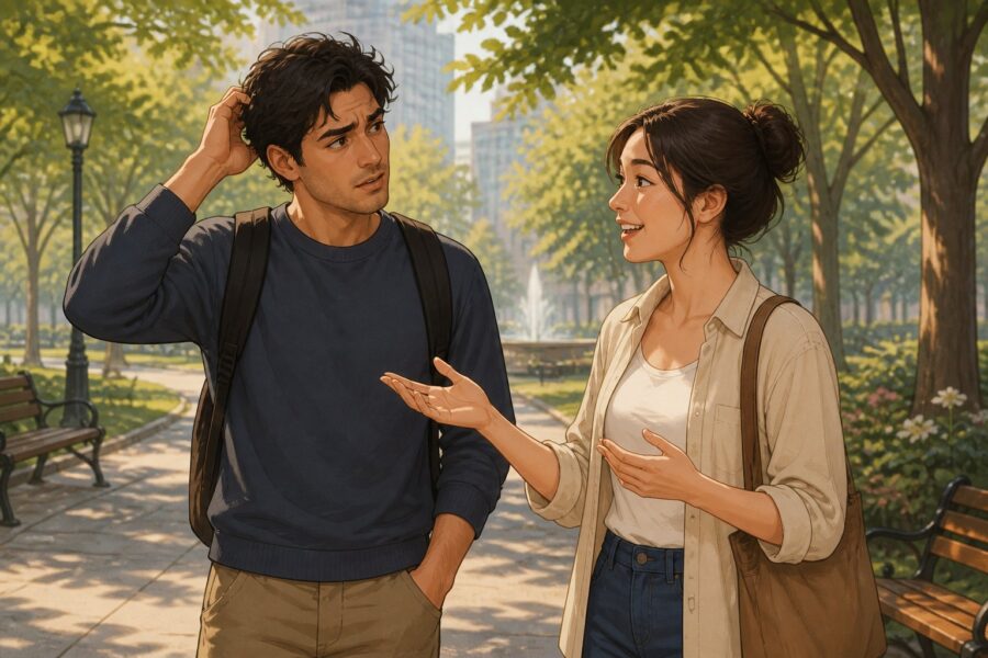 Duas pessoas conversando em um parque, uma está confusa e a outra explica com um gesto de mão.