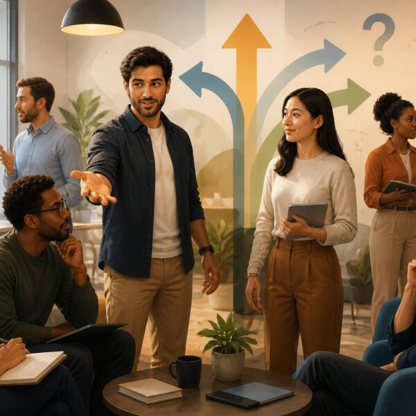 Um grupo diverso de pessoas conversando em um escritório moderno, com duas pessoas no centro discutindo e gesticulando como se convidassem alguém a se aproximar.