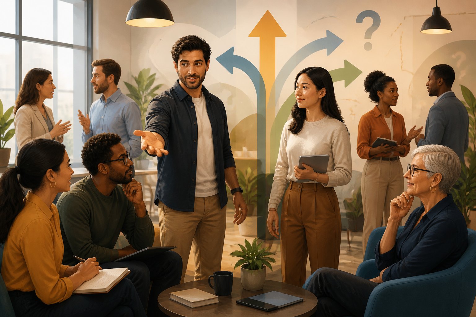 Um grupo diverso de pessoas conversando em um escritório moderno, com duas pessoas no centro discutindo e gesticulando como se convidassem alguém a se aproximar.